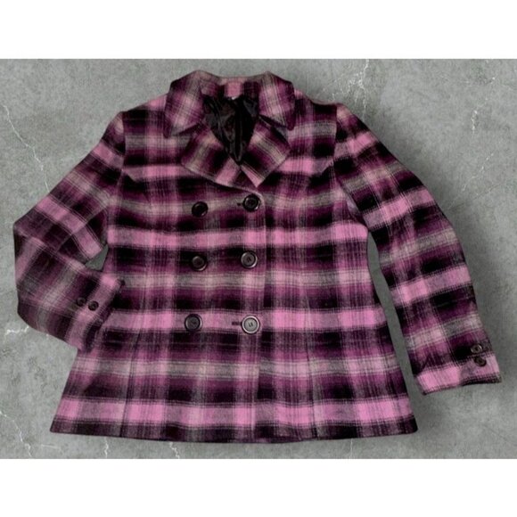 Chadwicks Wool Pea Coat Women Sz 16 Purple Plaid Double Breasted Button Front - Picture 1 of 12